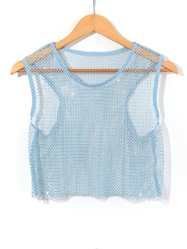 Levoire | Sexy Mesh Blitz Diamant Pêcheur Réseau Veste Nuit Club Perspective chaude fille T-shirt Top Ciel bleu azur UNE TAILLE