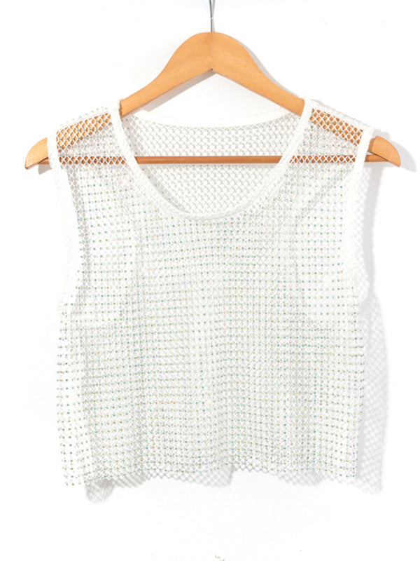 Levoire | Sexy Mesh Blitz Diamant Pêcheur Réseau Veste Nuit Club Perspective chaude fille T-shirt Top Blanc UNE TAILLE