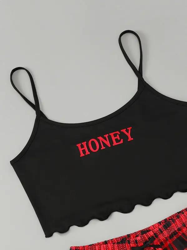 Levoire | Femme Brief HONEY Imprimé Spaghetti-top + Short Imprimé à Carreaux Ensemble de Maison