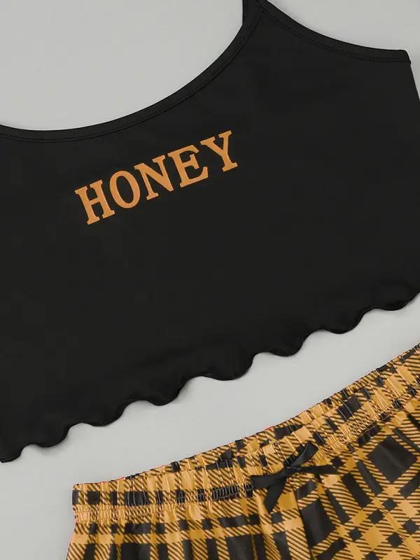Levoire | Femme Brief HONEY Imprimé Spaghetti-top + Short Imprimé à Carreaux Ensemble de Maison