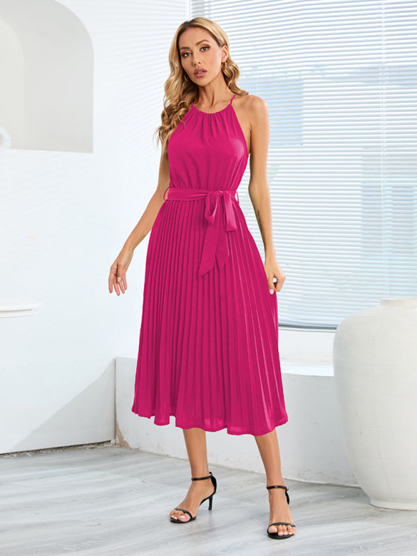 Levoire | Femmes tissée sexy spaghetti bretelles plissée jupe Rosa