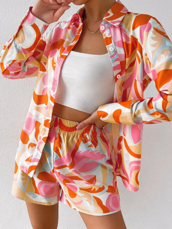 Levoire | Femme imprimé décontracté chemise à manches longues + ensemble short Orange