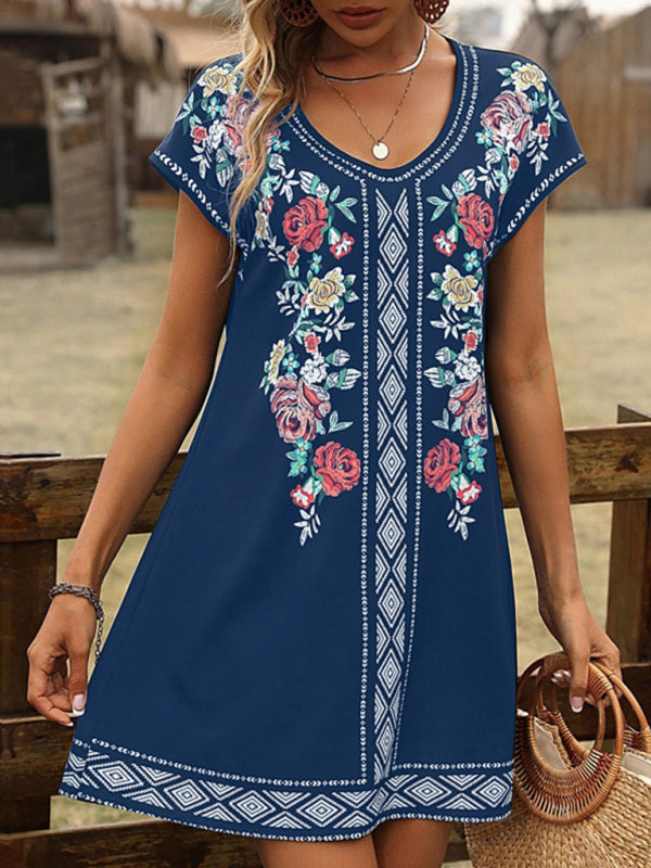 Levoire | Femme Vintage Motif Floral Manches Courtes Robe Décontractée Bleu