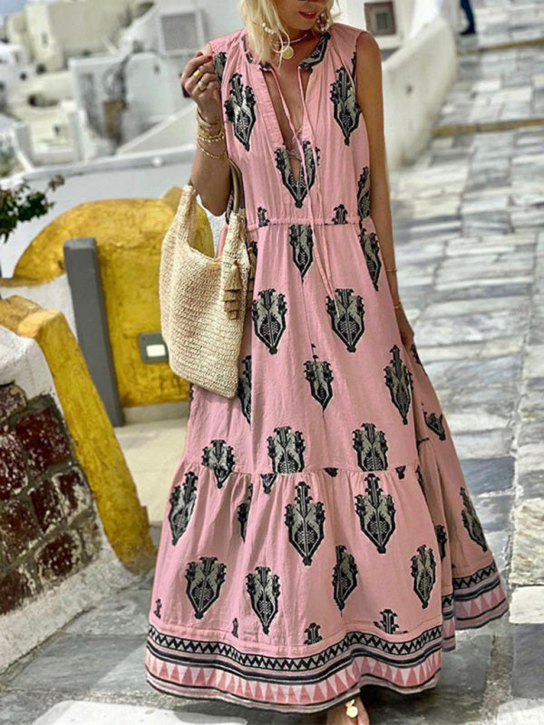 Levoire | Femme Sans Manches Midi Bohème Imprimé Robe Rosa