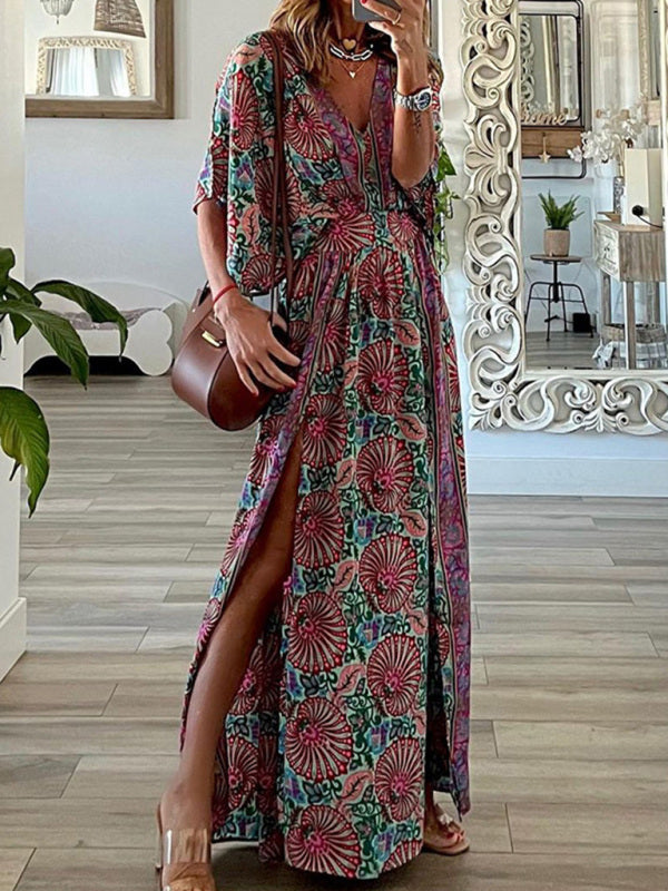 Levoire | Femme V col robe midi imprimé à manches courtes loose bohème Violet