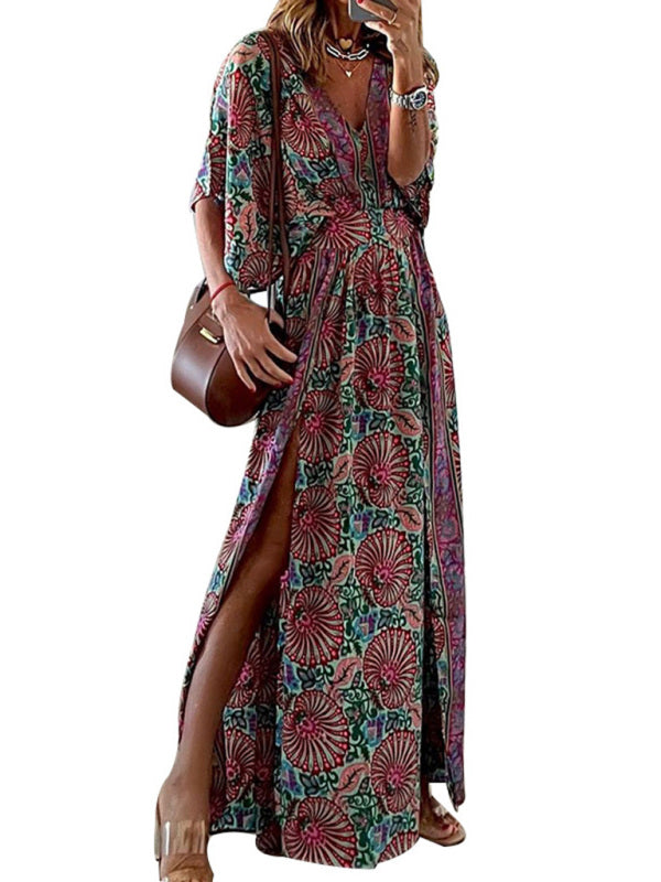Levoire | Femme V col robe midi imprimé à manches courtes loose bohème