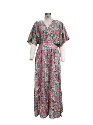 Levoire | Femme V col robe midi imprimé à manches courtes loose bohème