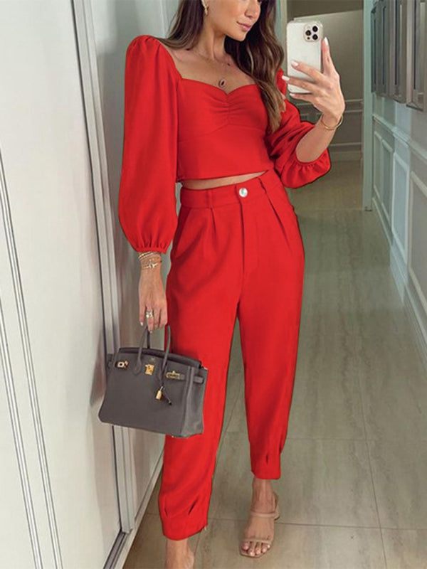 Levoire | Femmes OL Tempérament uni haut col carré pantalon réglable en hauteur ensemble deux pièces Rot