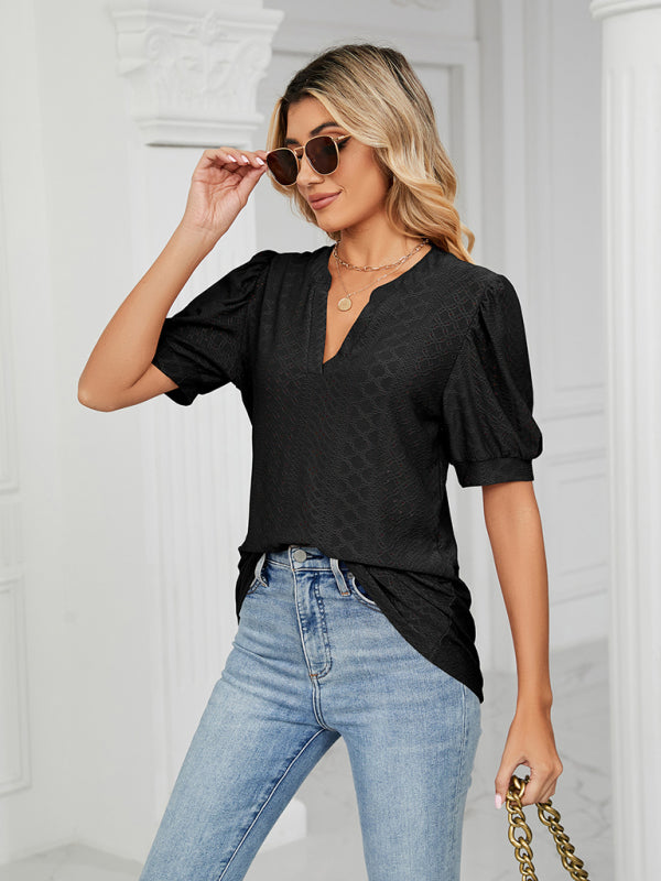 Levoire | Femme tricotée décontractée à col en V, unie, à trous, à manches bouffantes, T-shirt ample Noir