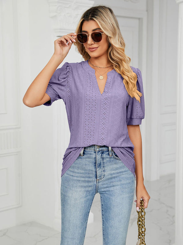 Levoire | Femme tricotée décontractée à col en V, unie, à trous, à manches bouffantes, T-shirt ample Violet
