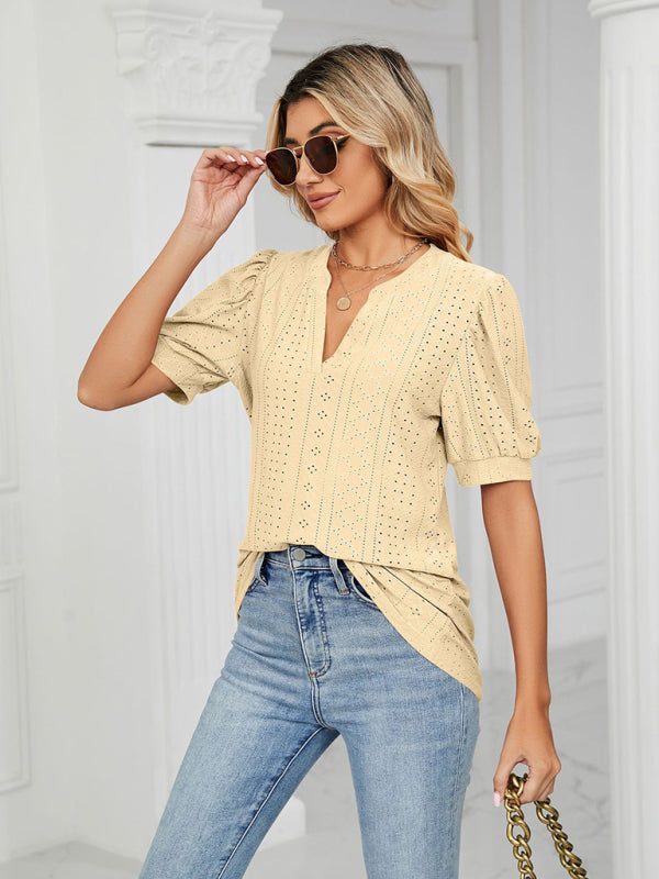 Levoire | Femme tricotée décontractée à col en V, unie, à trous, à manches bouffantes, T-shirt ample Jaune