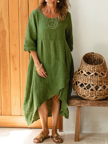 Levoire | Robe en coton-lin décontractée à col rond, unie, à manches trois-quarts, ample et de longueur genou
