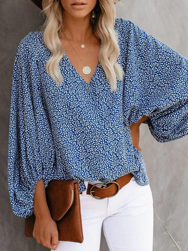 Levoire | Robe à col en V en pur coton imprimé haut à manches courtes vêtements pour femmes Bleu