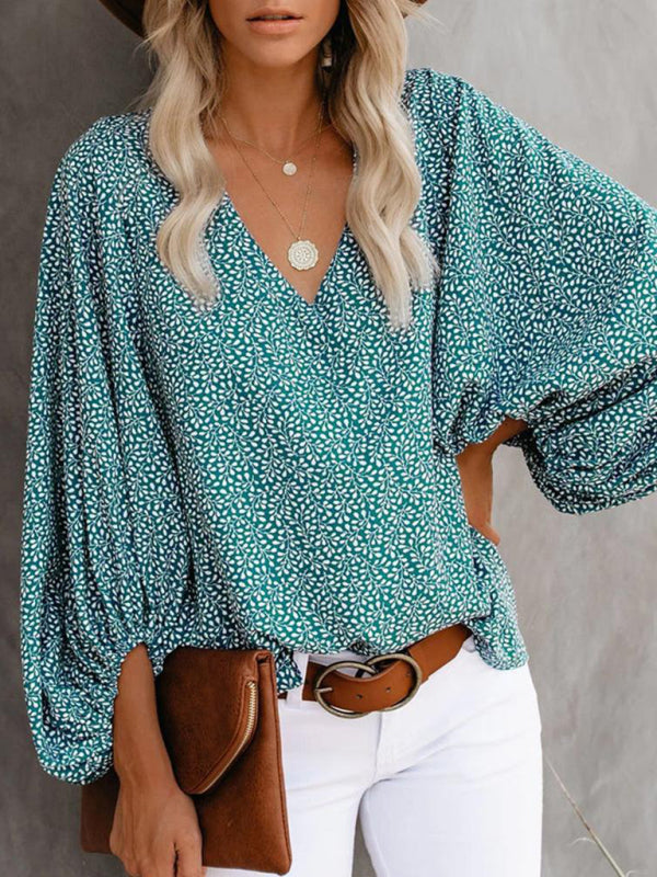 Levoire | Robe à col en V en pur coton imprimé haut à manches courtes vêtements pour femmes Vert