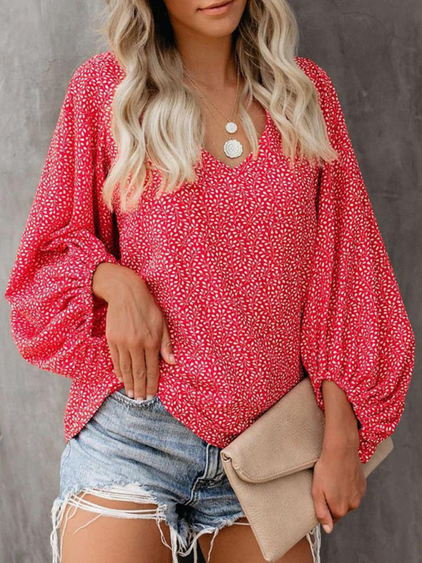 Levoire | Robe à col en V en pur coton imprimé haut à manches courtes vêtements pour femmes Roue
