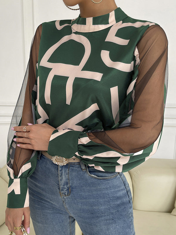 Levoire | Femme top à manches longues col rond en mesh à motifs géométriques Vert