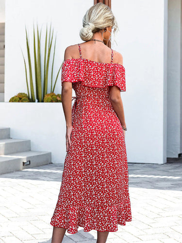 Levoire | Femmes tissées à motifs floraux unilatéraux robe à bretelles longueur midi irrégulière vêtements