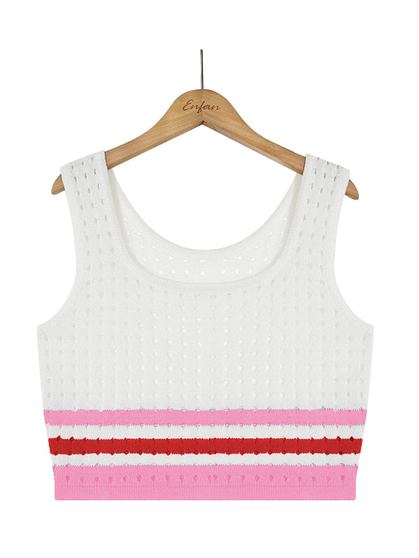 Levoire | Femme Rayé Trou Court Gilet + Fente Jupe Longue Ensemble Deux Pièces