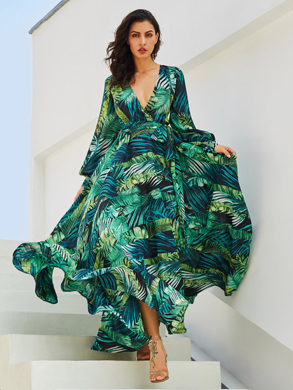 Levoire | Femme Manches Lanternes V-U-Décolleté Engagement Poids de Feuille Robe Réversible Vert