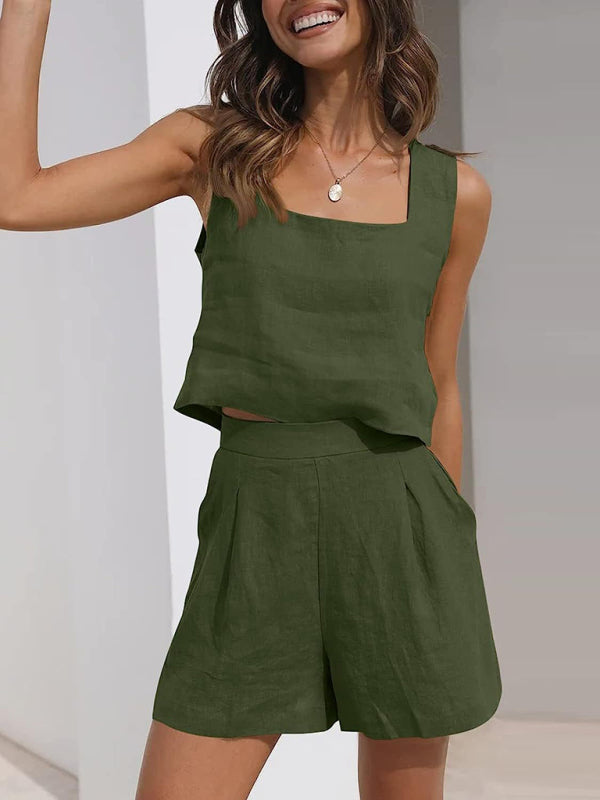 Levoire | Pour femmes Incolore Décontracté Coton Lin Sans bretelles Top à décolleté carré + Short Ensemble deux pièces Vert olive L
