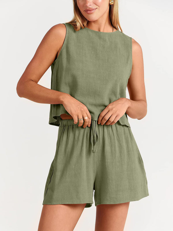 Levoire | Femmes tissées en une couleur sans manches décontracté coton-lin haut short ensemble deux pièces Vert olive