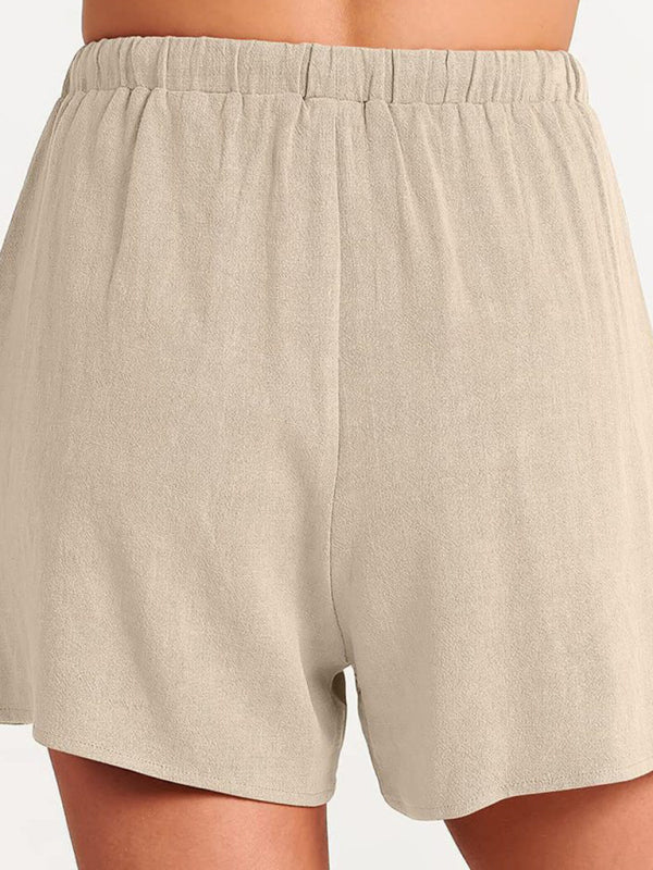Levoire | Femmes tissées en une couleur sans manches décontracté coton-lin haut short ensemble deux pièces