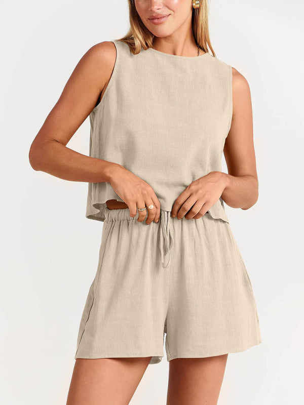 Levoire | Femmes tissées en une couleur sans manches décontracté coton-lin haut short ensemble deux pièces Cracker kaki