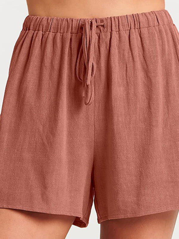 Levoire | Femmes tissées en une couleur sans manches décontracté coton-lin haut short ensemble deux pièces