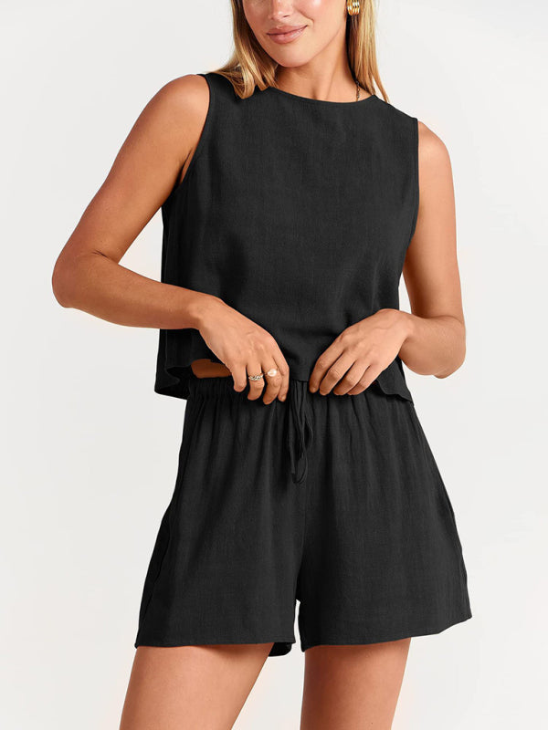 Levoire | Femmes tissées en une couleur sans manches décontracté coton-lin haut short ensemble deux pièces Must