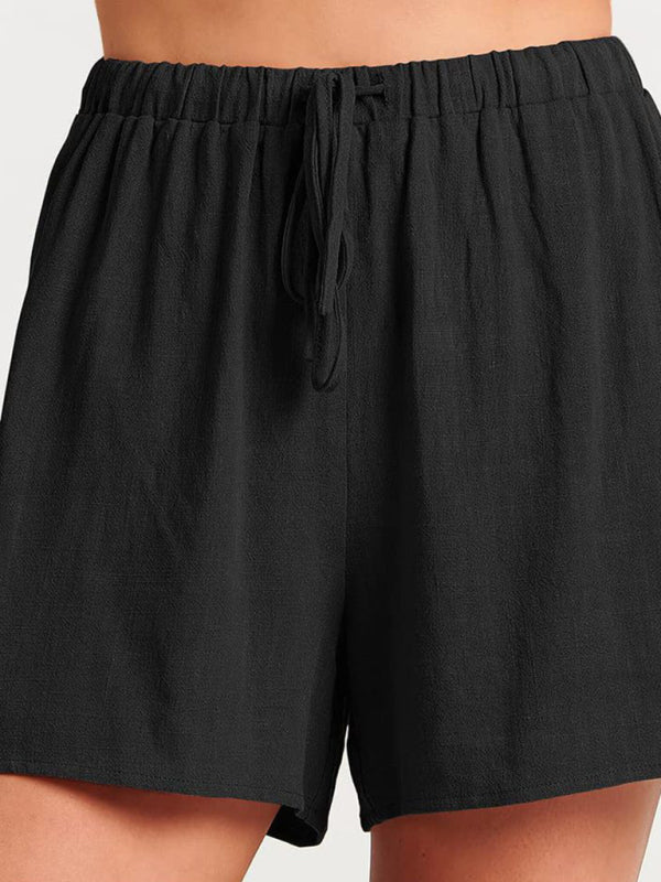 Levoire | Femmes tissées en une couleur sans manches décontracté coton-lin haut short ensemble deux pièces