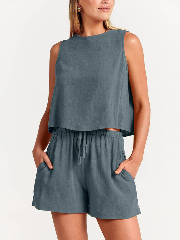 Levoire | Femmes tissées en une couleur sans manches décontracté coton-lin haut short ensemble deux pièces Gris foncé