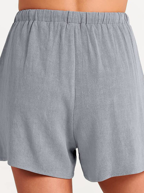 Levoire | Femmes tissées en une couleur sans manches décontracté coton-lin haut short ensemble deux pièces