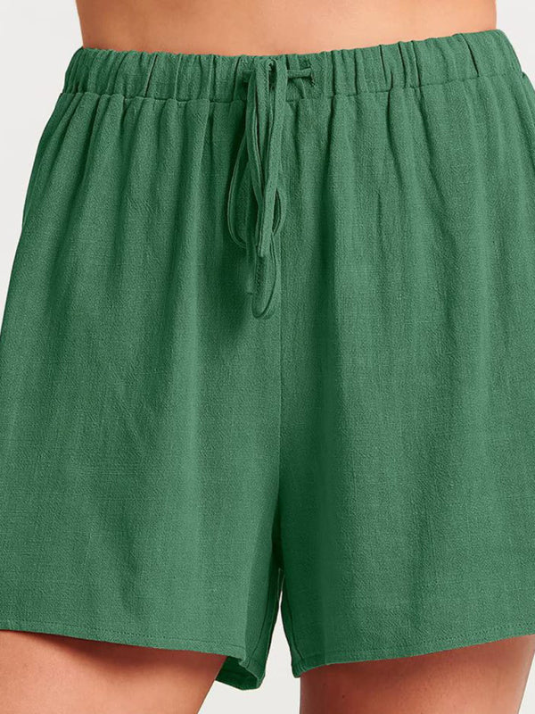 Levoire | Femmes tissées en une couleur sans manches décontracté coton-lin haut short ensemble deux pièces
