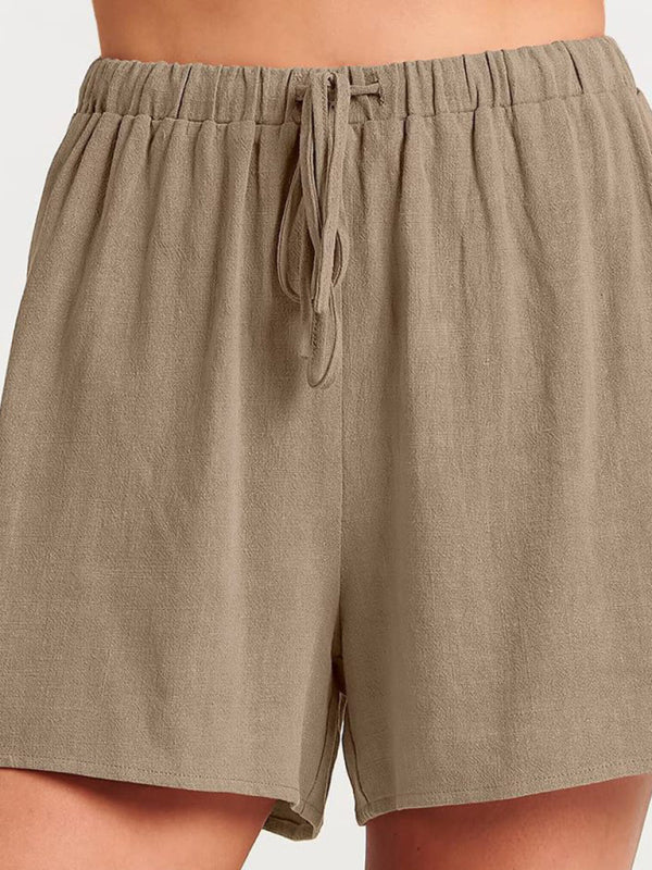 Levoire | Femmes tissées en une couleur sans manches décontracté coton-lin haut short ensemble deux pièces