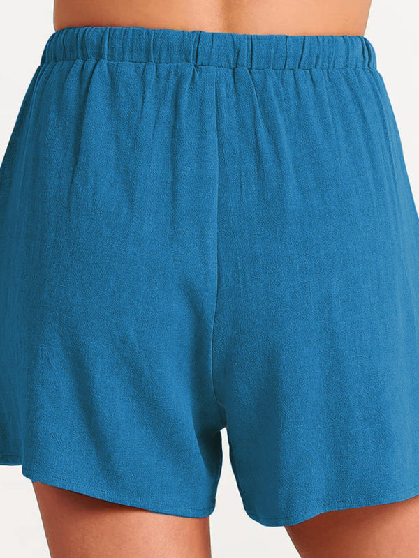 Levoire | Femmes tissées en une couleur sans manches décontracté coton-lin haut short ensemble deux pièces