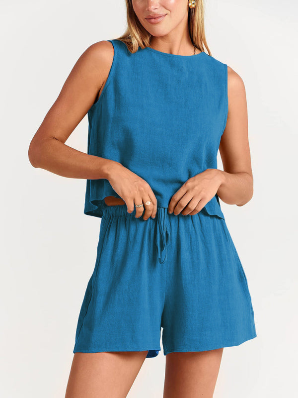Levoire | Femmes tissées en une couleur sans manches décontracté coton-lin haut short ensemble deux pièces Bleu sûr