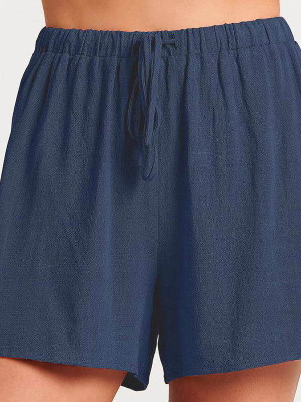Levoire | Femmes tissées en une couleur sans manches décontracté coton-lin haut short ensemble deux pièces