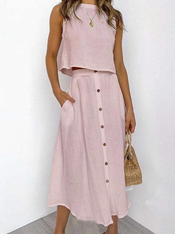 Levoire | DKV | Femmes Col rond Tank Mi-long Poitrine Deux pièces Robe Rosa