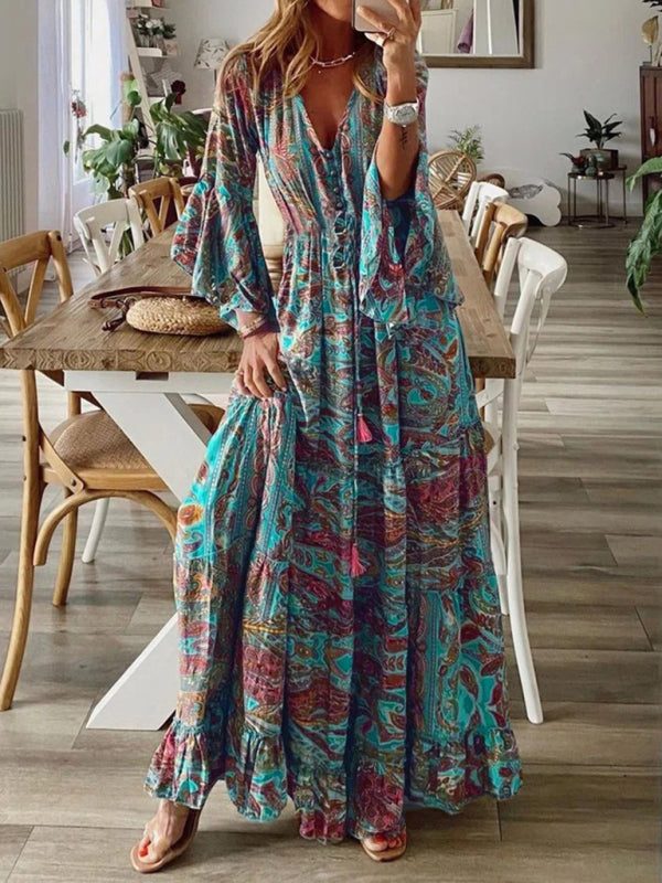 Levoire | Style bohème jupe trompette motif V-neck taille haute robe de vacances fleur femme jupe longue Orange