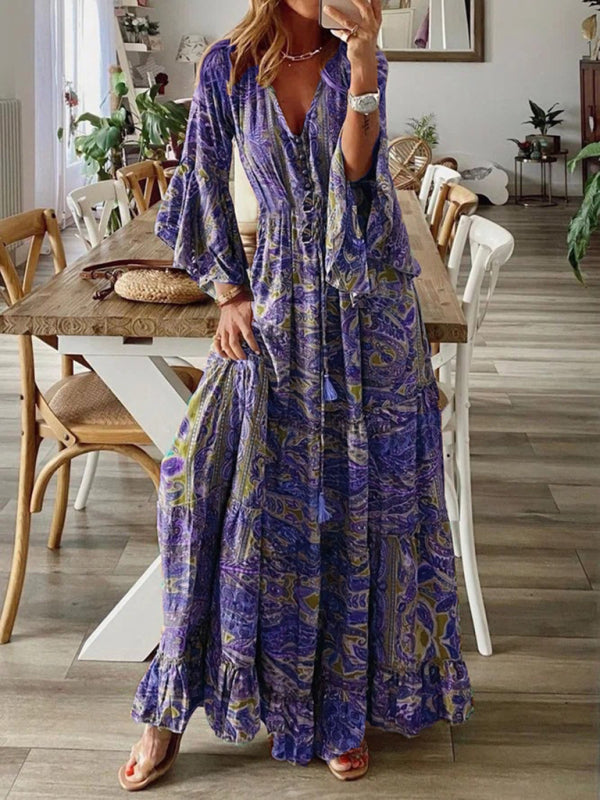 Levoire | Style bohème jupe trompette motif V-neck taille haute robe de vacances fleur femme jupe longue Violet