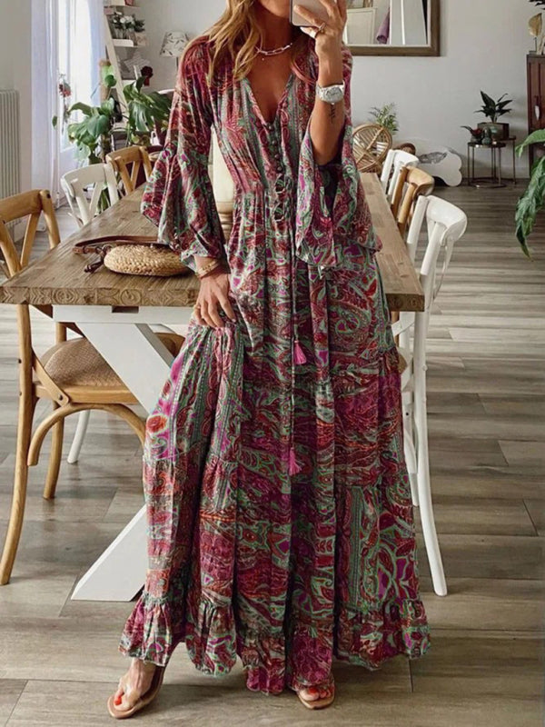 Levoire | Style bohème jupe trompette motif V-neck taille haute robe de vacances fleur femme jupe longue Roue