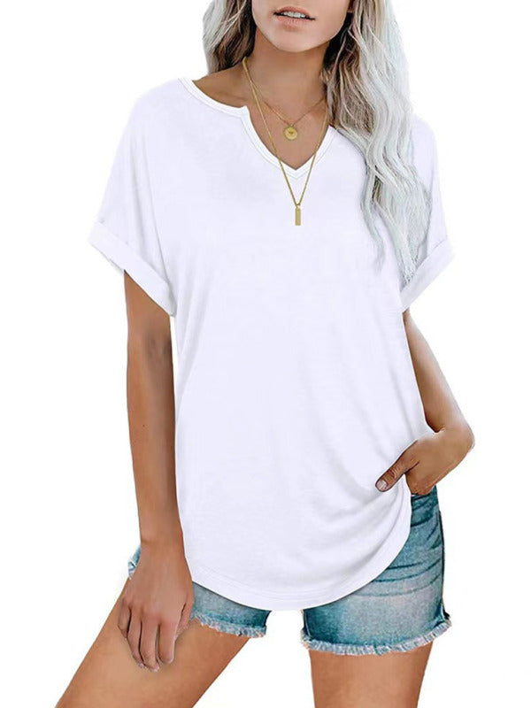 Levoire | T-shirt unicolore, à boutons, ample avec col rond à manches courtes pour femmes Blanc