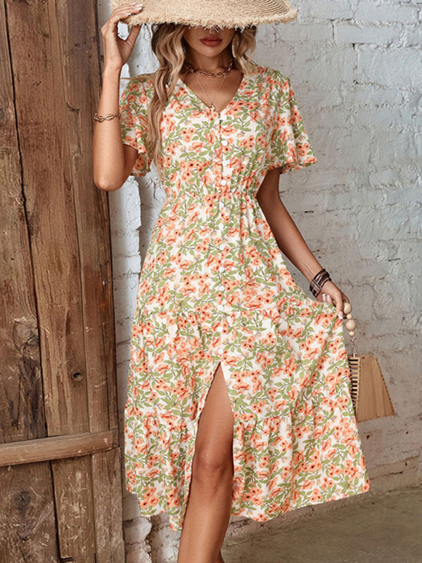 Levoire | Robe boutonnée pour dames avec fente et imprimé floral