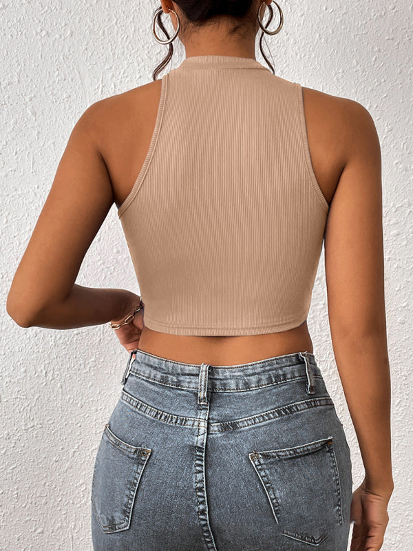 Levoire | Femme Tricoté Col Rond Découpé Asymétrique Crop Top