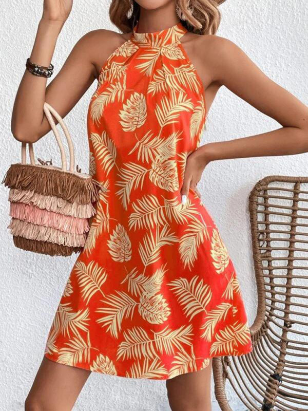 Levoire | Femmes Tissé Halter Imprimé Feuille Sans Manches Robe Orange