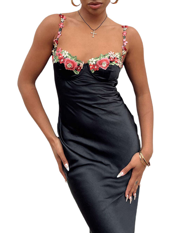 Levoire | Modish Sexy Brodé Spaghetti Top Couleur Long Robe