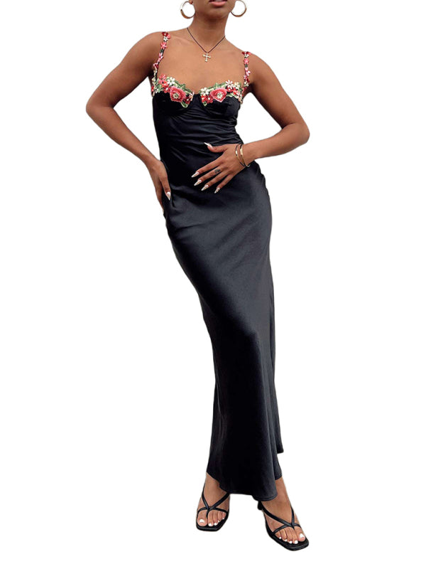 Levoire | Modish Sexy Brodé Spaghetti Top Couleur Long Robe Musta