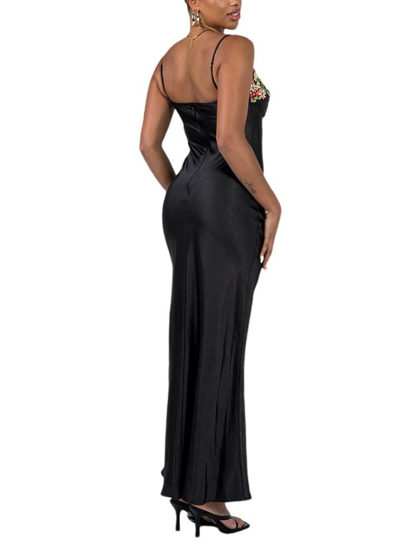 Levoire | Modish Sexy Brodé Spaghetti Top Couleur Long Robe