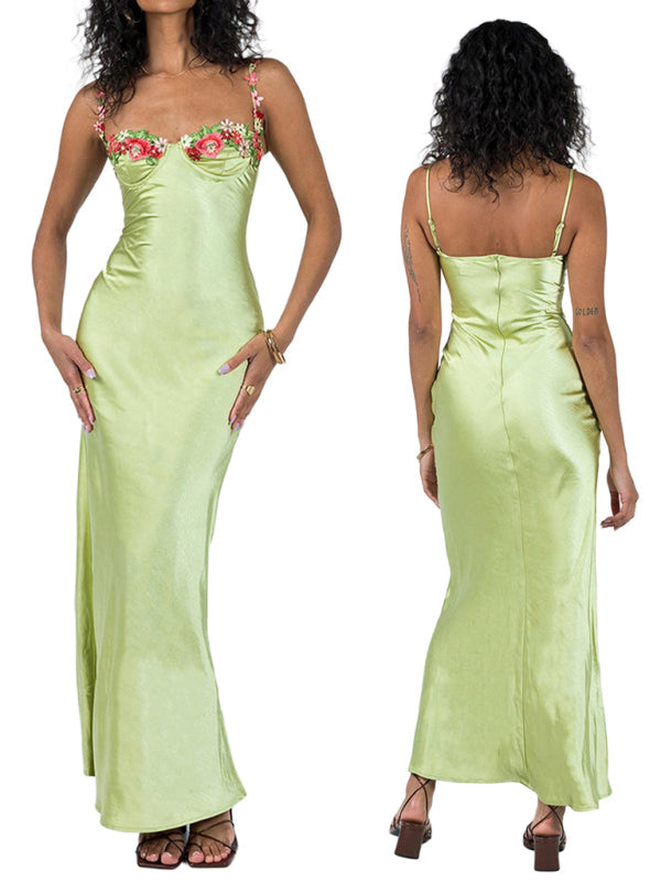 Levoire | Modish Sexy Brodé Spaghetti Top Couleur Long Robe