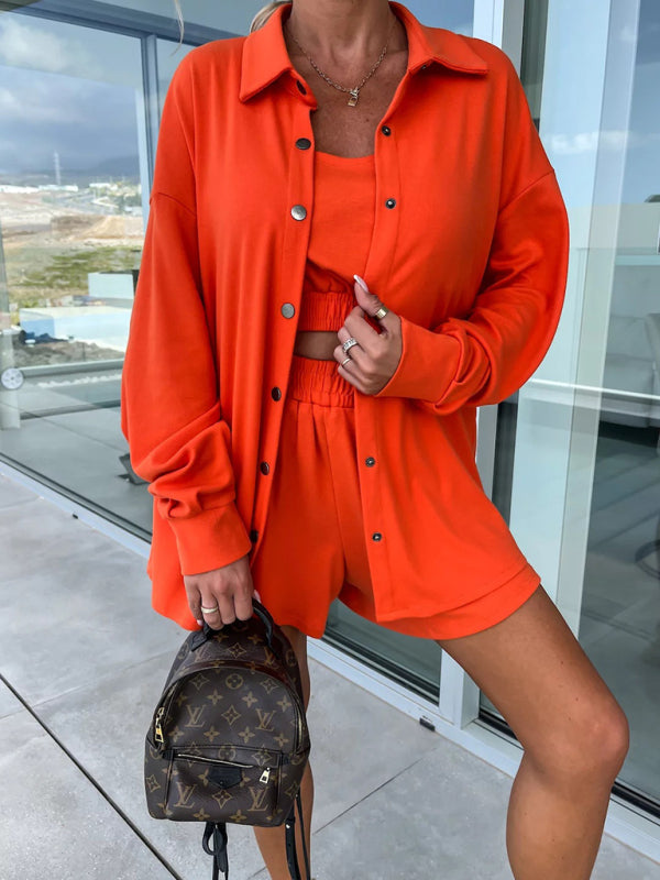 Levoire | Nouveau costume décontracté trois pièces INS vacances shorts amples pour femmes ensemble Orange Rouge